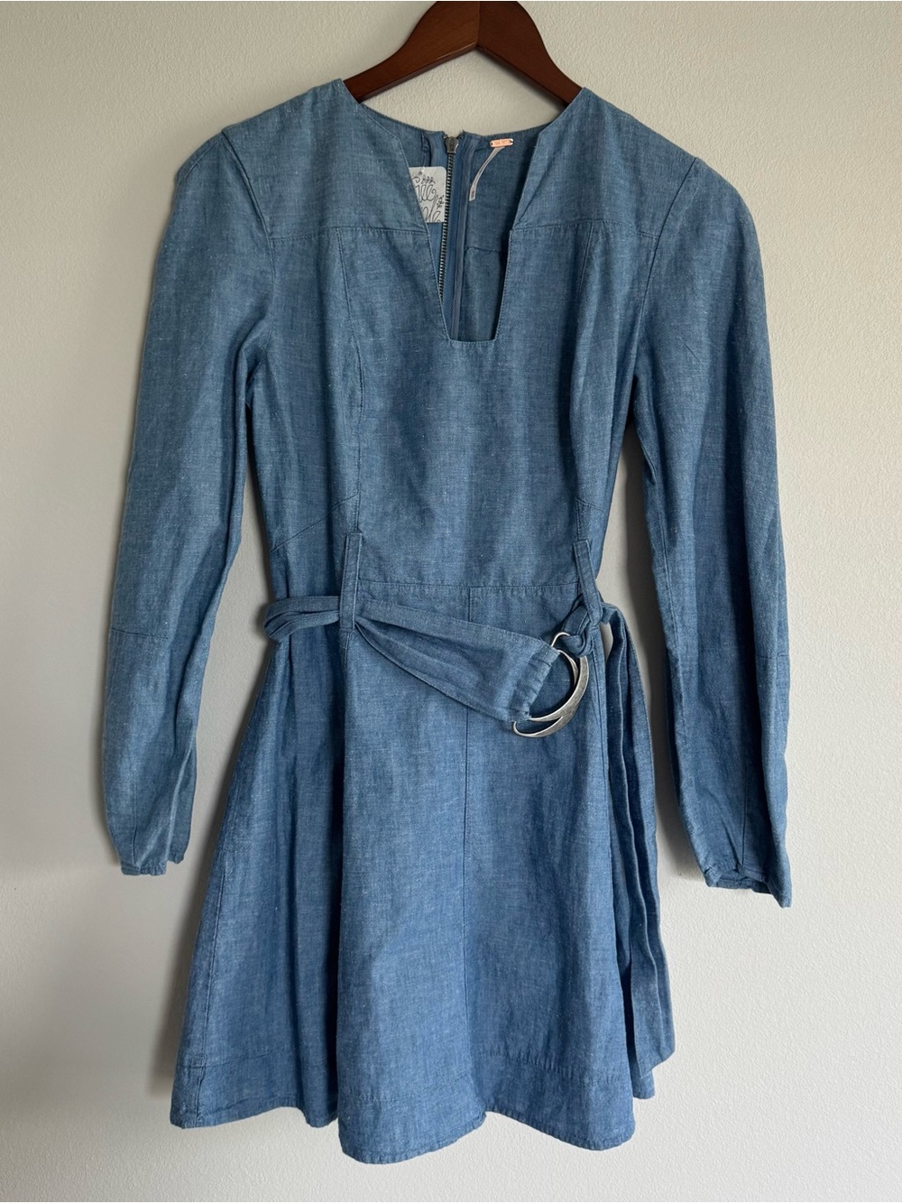 Free People Denim Puff Sleeve Belted Mini Dress XS hemp cotton